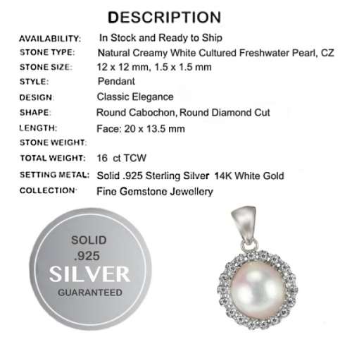 Deluxe Natural White Pearl And AAA White CZ in Solid .925  Sterling Silver 14K White Gold Pendant