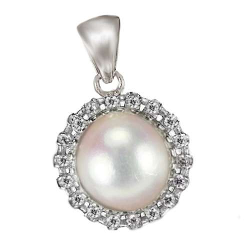 Deluxe Natural White Pearl And AAA White CZ in Solid .925  Sterling Silver 14K White Gold Pendant