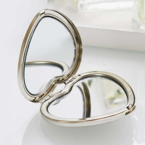 Compact Silver Handbag Makeup Mirror Heart Shape with Normal and Magnified View