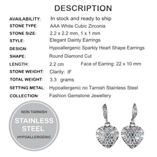 Spectacular Dainty Bridal,day Evening Wear Sparkly Top Grade Cubic Zirconia Heart Shape Earrings