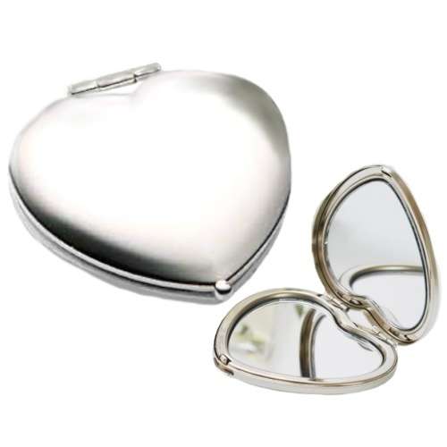 Compact Silver Handbag Makeup Mirror Heart Shape with Normal and Magnified View