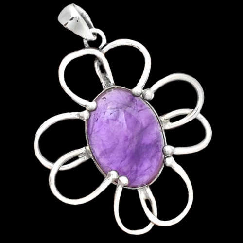 Whimsical Floral Purple Amethyst Oval Gemstone in Solid .925 Sterling Silver Pendant