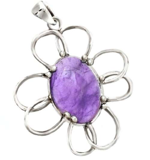 Whimsical Floral Purple Amethyst Oval Gemstone in Solid .925 Sterling Silver Pendant