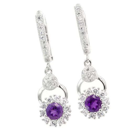 Deluxe Natural 5mm Brazilian Purple Amethyst .925 Sterling Silver 14K White Gold Earrings