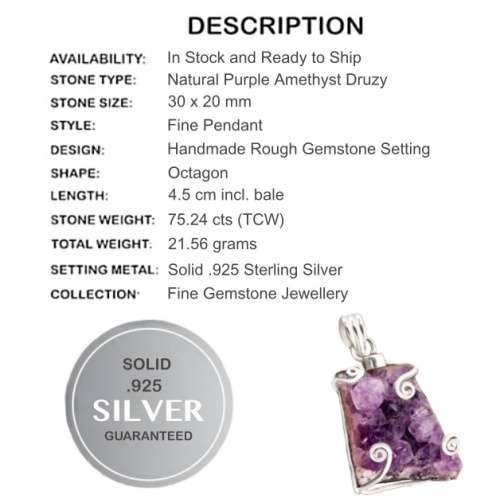 75.46 cts Natural Purple Amethyst Druzy Cluster Gemstone in Solid 925 Sterling Silver Pendant