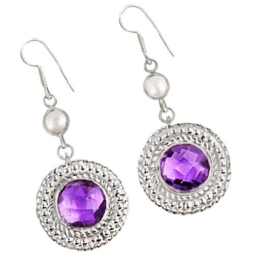 9.35 Cts Natural Purple Amethyst and Pearl set In Solid .925 Sterling Silver Earrings