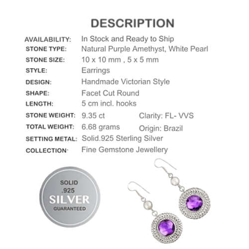 9.35 Cts Natural Purple Amethyst and Pearl set In Solid .925 Sterling Silver Earrings