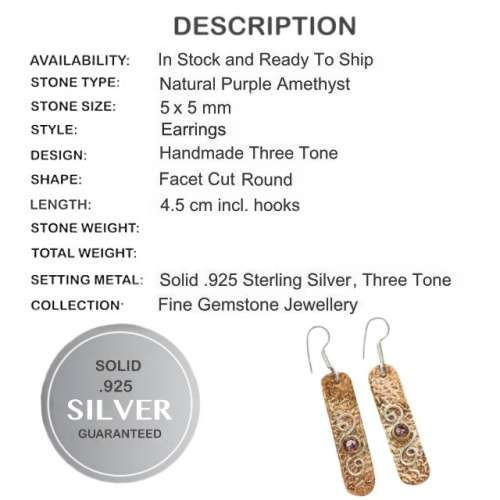Trendy Three Tone Natural Purple Amethyst Gemstone Solid .925 Silver Earrings