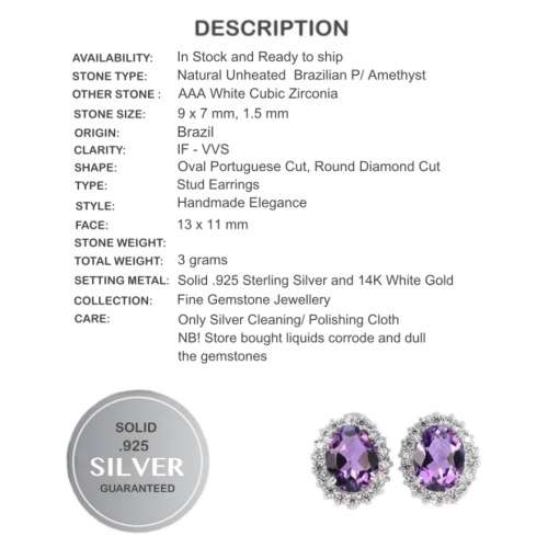 Natural Unheated Brazilian Purple Amethyst and White CZ in Solid .925 Sterling Silver Stud Earrings