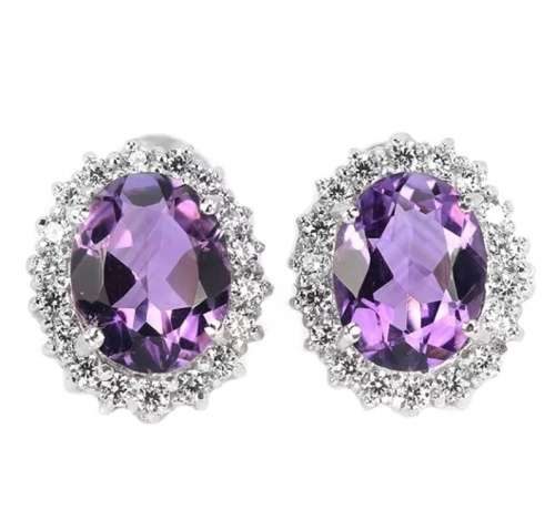 Natural Unheated Brazilian Purple Amethyst and White CZ in Solid .925 Sterling Silver Stud Earrings