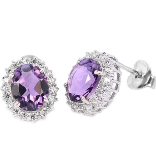 Natural Unheated Brazilian Purple Amethyst and White CZ in Solid .925 Sterling Silver Stud Earrings