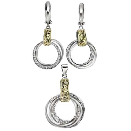 Two Tone Cubic Zirconia set in Solid .925 Sterling Silver Italian Designed Pendant & Earrings Set