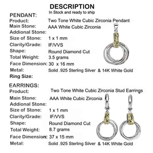 Two Tone Cubic Zirconia set in Solid .925 Sterling Silver Italian Designed Pendant & Earrings Set
