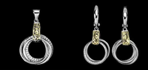 Two Tone Cubic Zirconia set in Solid .925 Sterling Silver Italian Designed Pendant & Earrings Set