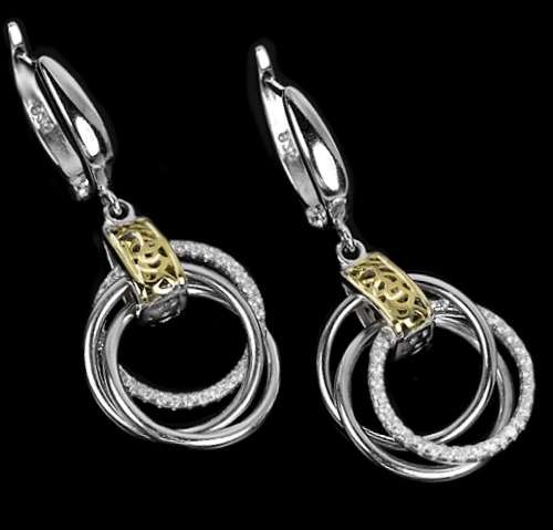 Two Tone Cubic Zirconia set in Solid .925 Sterling Silver Italian Designed Pendant & Earrings Set
