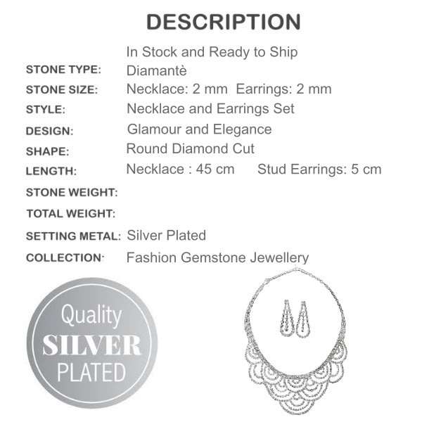 Dazzling Crystals, Diamantè Bridal, Evening Wear Silver Plated Necklace and Stud Earrings Set