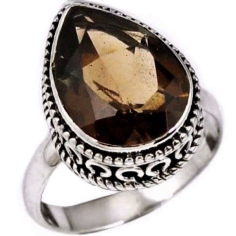 5.25 Cts Natural Smoky Topaz Pear Shape Gemstone set in Solid Sterling Silver Ring Size US 6.5