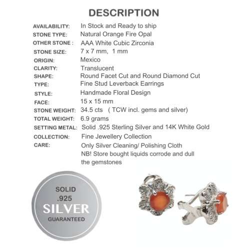 Natural Orange Fire Opal  and AAA White Cubic Zirconia Gemstone Solid .925 Sterling Silver Earrings