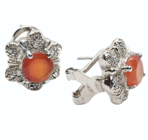 Natural Orange Fire Opal  and AAA White Cubic Zirconia Gemstone Solid .925 Sterling Silver Earrings