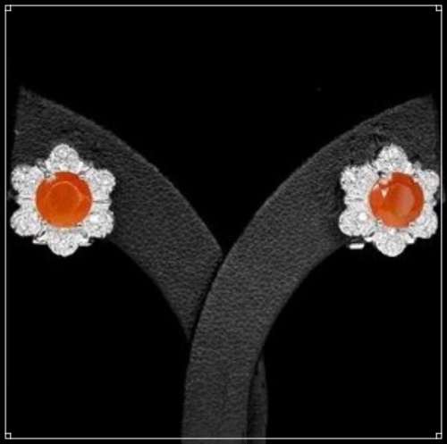 Natural Orange Fire Opal  and AAA White Cubic Zirconia Gemstone Solid .925 Sterling Silver Earrings