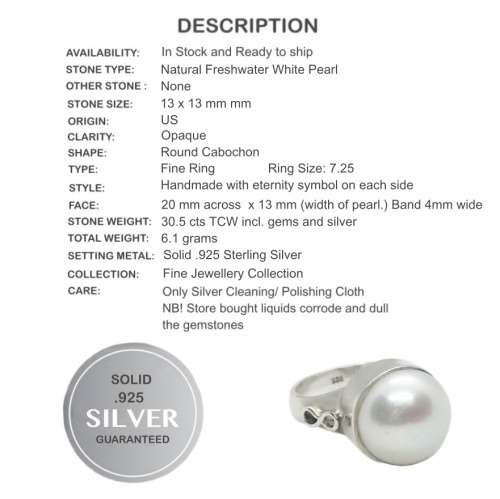 Natural White Pearl , Solid .925 Sterling Silver Ring Size US 7.25 / P