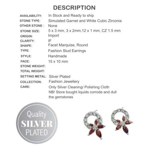 Dainty Handmade Simulated Garnet  White Cubic Zirconia Floral Fashion Stud Earrings