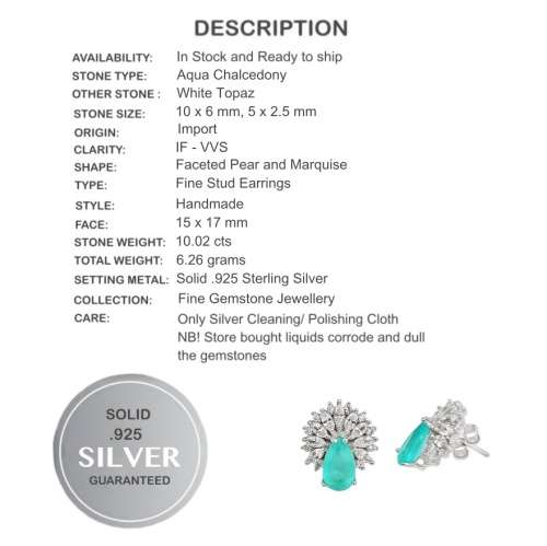10.02 cts Aqua Green Chalcedony, White Topaz Solid .925 Sterling Silver Elegant Fine Stud Earrings