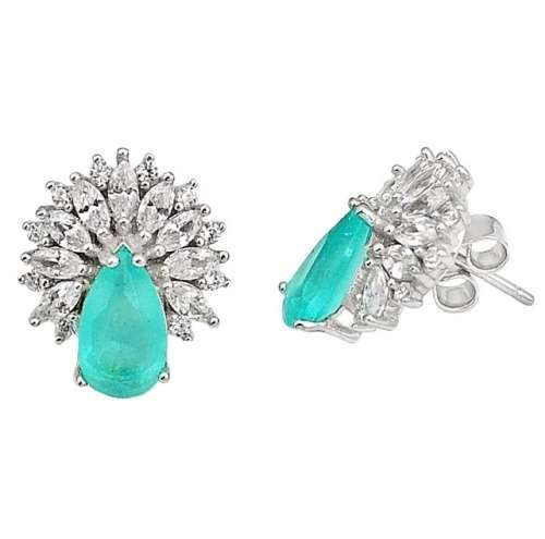 10.02 cts Aqua Green Chalcedony, White Topaz Solid .925 Sterling Silver Elegant Fine Stud Earrings