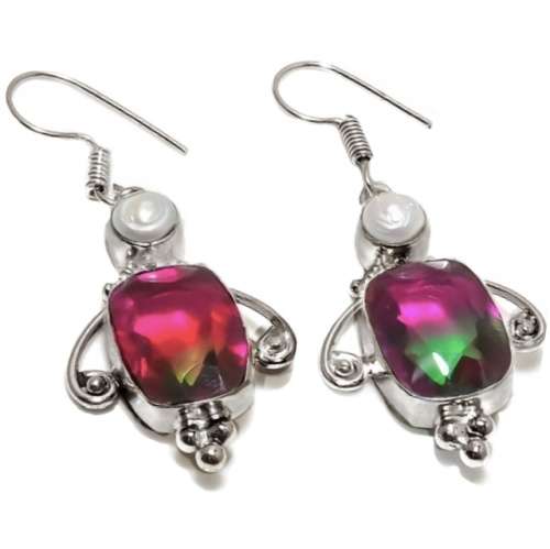 Bi-Colour Tourmaline and White River Pearl set in .925 Sterling Silver Plated  Handmade Earrings
