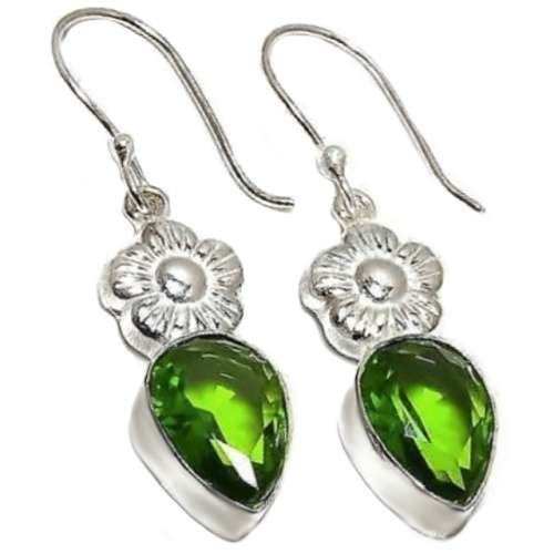 Peridot Pear Gemstone with Floral Accent .925 Sterling Silver Plated Handmade Earrings