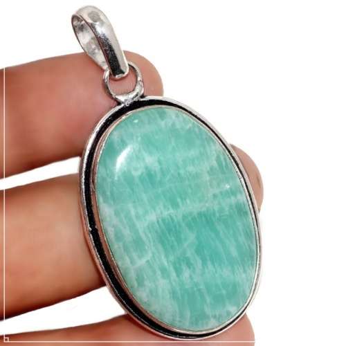 Natural Peruvian Amazonite Oval Gemstone set in .925 Sterling Silver Plated HandmadePendant