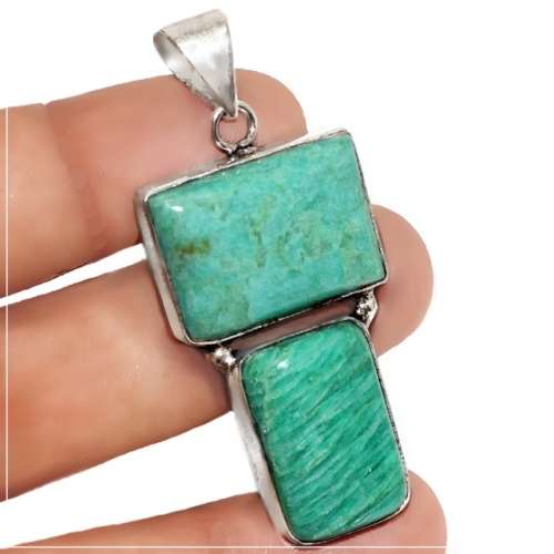 Natural Peruvian Amazonite Geometric Gemstones set in .925 Sterling Silver Plated Handmade Pendant