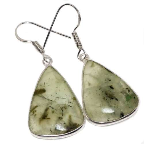 Natural Scottish Moss Prehnite Triangle Gemstone .925 Sterling Silver Plated Handmade Earrings