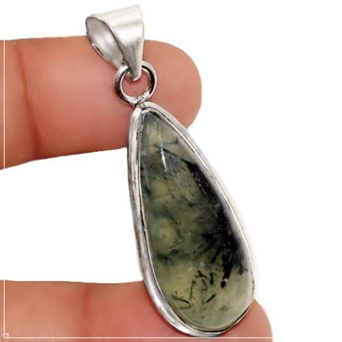 Natural Scottish Moss Prehnite Pear Shape Gemstone .925 Sterling Silver Plated Handmade Pendant