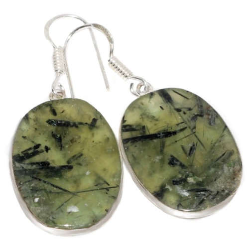 Natural Scottish Moss Prehnite Oval Gemstone .925 Sterling Silver Plated Handmade Earrings