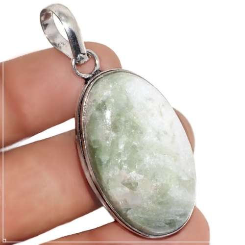 Natural Aqua Seraphinite Oval Gemstone In .925 Sterling Silver Plated Handmade Pendant