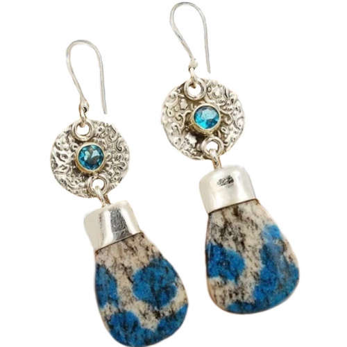 Natural K2 Granite with Blue Azurite and Blue Topaz Gemstone Solid .925 Sterling Silver Earrings