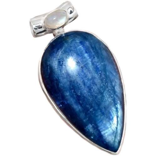 Natural Kyanite, Rainbow Moonstone Gemstone .925 Sterling Silver Kyanite Pendant