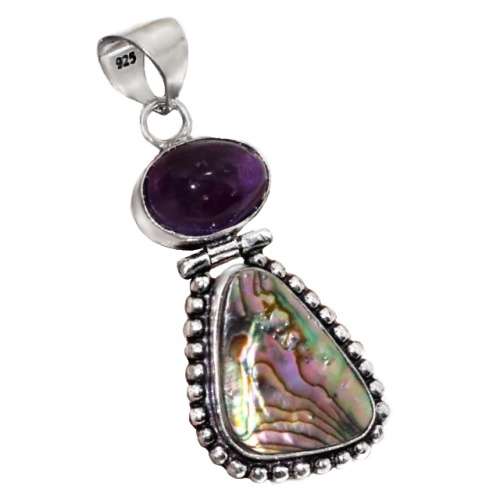 Natural New Zealand Abalone (Paua Shell) Purple Amethyst Gemstone 925 Sterling Silver Pendant