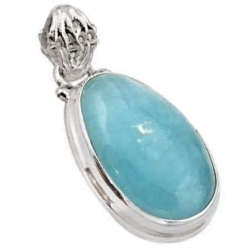 Natural Aquamarine Oval Gemstone set in Solid .925 Sterling Silver Ornate Bale Pendant