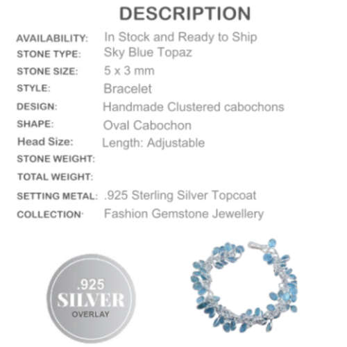 Handmade Stunning Blue Topaz Gemstone set in.925 Sterling Silver Plated Cluster Bracelet