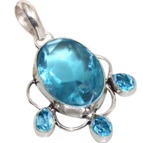 Spectacular Swiss Blue Topaz set in .925 Sterling Silver Plated Handmade Pendant