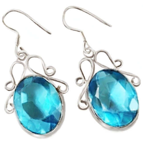 Swiss Blue Topaz Faceted Oval Gemstone set in .925 Sterling Silver Plated Handmade Earrings