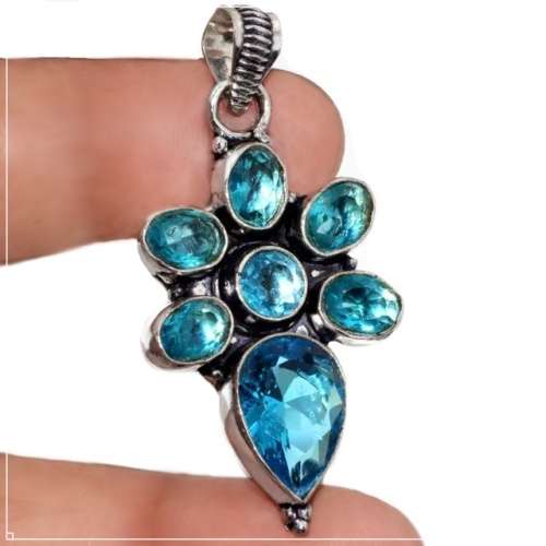 Swiss Blue Topaz set in .925 Sterling Sterling Silver Plated Handmade Pendant
