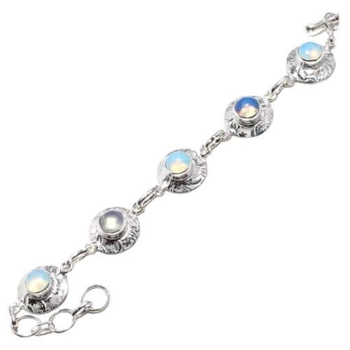 Dainty Fiery Opalite Round Gems set in .925 Sterling Silver Plated Textured Metal Bracelet
