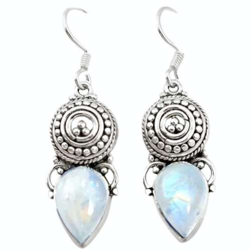 8.27 cts Natural Rainbow Moonstone Pear Shape Gemstone set in Solid .925 Sterling Silver Earrings