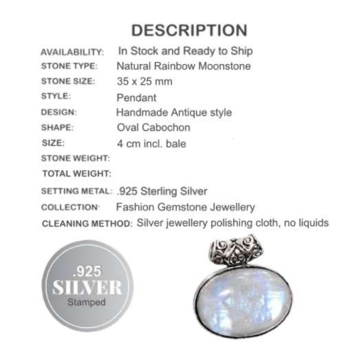 Natural Rainbow Moonstone Oval Cabochon  .925 Silver Pendant