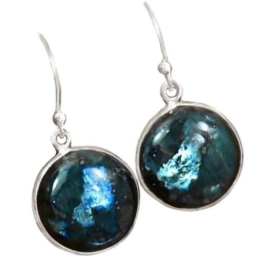 Natural Larvikite -Black Moonstone Cabochon Gemstone set in Solid .925 Sterling Silver Earrings