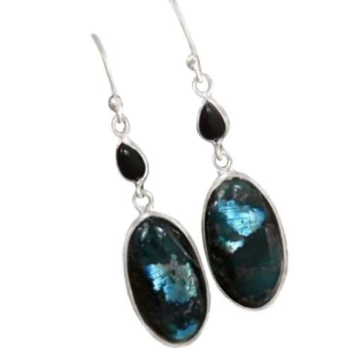 Natural Norwegian Larvikite -Black Moonstone, Black Onyx in Solid .925 Sterling Silver Earrings
