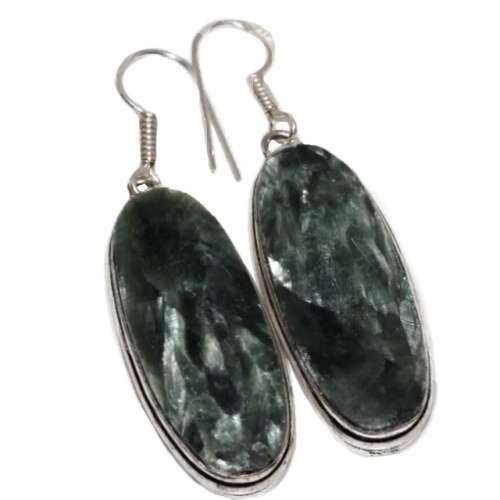 Natural Seraphinite Oval Gemstone set in .925 Sterling Silver Plated Handmade Earrings